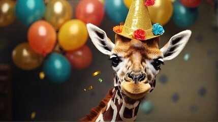 Cute colorful portrait of a giraffe wearing a beautiful birthday hat. Giraffe on the background of balloons, birthday, party, pet, decoration.