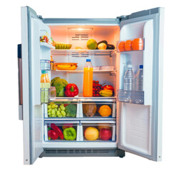 Open refrigerator stocked with food and beverages, cut out transparent