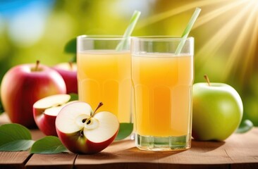 Fototapeta premium apple plantation, branches of an apple tree, a glass of freshly squeezed apple juice on a wooden table, sunny day, with an orchard of apples on the background