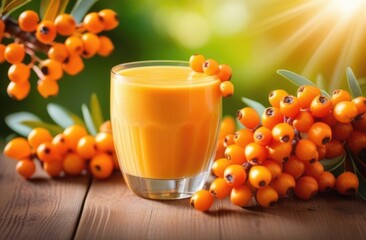 a glass of sea buckthorn juice on a wooden table, ripe sea buckthorn berries, against the background of a branch of a sea buckthorn tree, an orchard