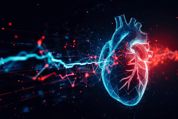 Digital 3D illustration of a human heart with blue digital red and blue cardiac pulse line. - obrazy, fototapety, plakaty