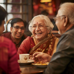 Happy senior woman with male friends at cafe Indian.