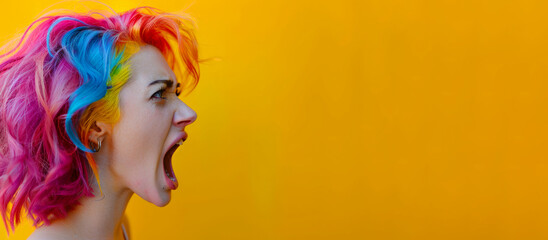 A woman with rainbow colored hair. woman's mouth is open in a loud, angry expression. Young woman with colourful dyed hair, punk style, screaming or shouting, surprised look. Wide banner copy space
