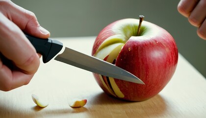 Closeup of hand with knife peeling apple