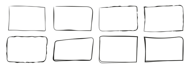 Squares, rectangle, grunge vector set in sketch style. Black frames outline in hand drawn style