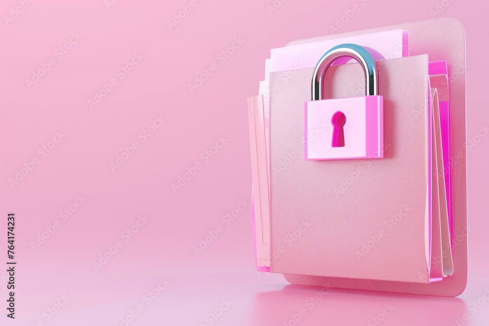 Poster file folder and padlock illustration, privacy concept on color background 3d style