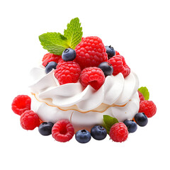 Mini meringue cake pavlova with berries isolated on transparent background