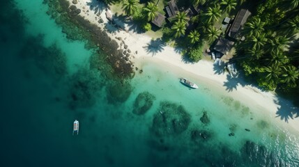 Generative AI Drone's-eye view offering a glimpse of a picturesque island cluster boasting swaying palms, hidden lagoons, and vibrant marine ecosystems thriving in the clear waters. photorealistic