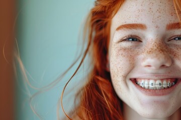 girl with freckles and red hair spinning with braces smile