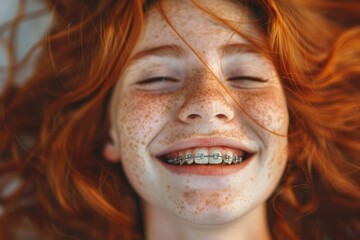 girl with freckles and red hair spinning with braces smile - obrazy, fototapety, plakaty