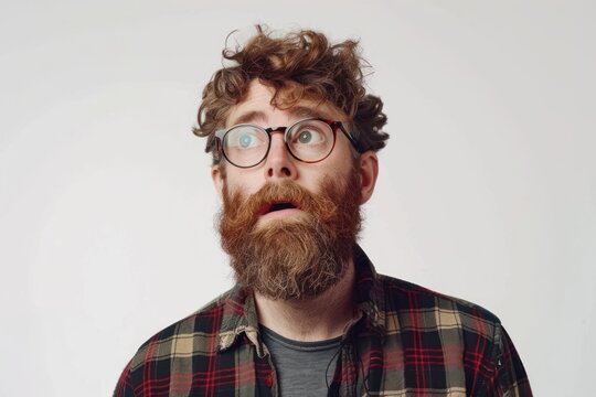 Happy bearded hipster Astonished guy with spectacles gazes forward solid white background