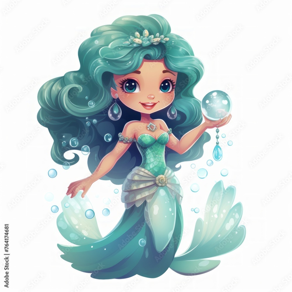 Aufkleber generative ai a pint-sized mermaid with a sparkling tail and seashell accessories, holding a pearl.