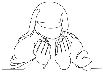 one continuous drawn line of a Muslim woman in prayer drawn by hand silhouette picture. Line art. character woman prays to Alah