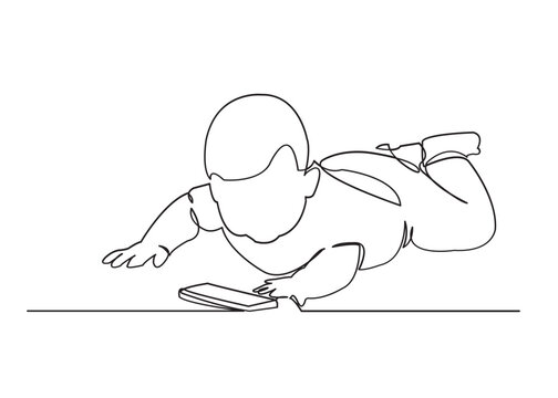 one continuous drawn line of the baby holding the phone drawn from the hand a picture of the silhouette. Line art. character of the kid playing with the phone