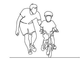 one continuous drawn line of dad teaches a child to ride a bicycle drawn by hand a picture of the silhouette. Line art. a man teaches a baby to ride a bike