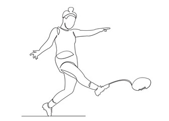 one continuous drawn line of a girl playing rugby drawn from a hand picture silhouette. Line art. team of girls playing rugby ball