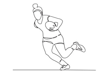 one continuous drawn line of a girl playing rugby drawn from a hand picture silhouette. Line art. team of girls playing rugby ball