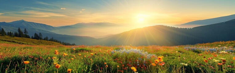 The sun shines brightly over a landscape of mountains and colorful flowers. The warm sunlight illuminates the scene, creating a vivid display of natures beauty.