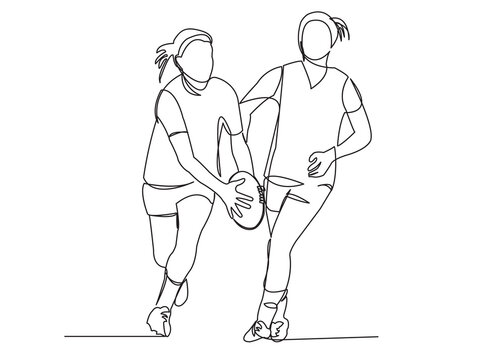 one continuous drawn line of a girl playing rugby drawn from a hand picture silhouette. Line art. team of girls playing rugby ball