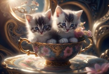 Two Cute Kittens Comfortably Curled Up in a Coffee Cup, Generative AI