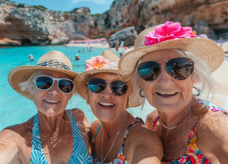 Tres mujeres seniors jubiladas haciéndose un selfie en una playa de arena dorada, vistiendo trajes de baño, gafas de sol y sombreros de mimbre, sobre fondo de rocas y cielo azul