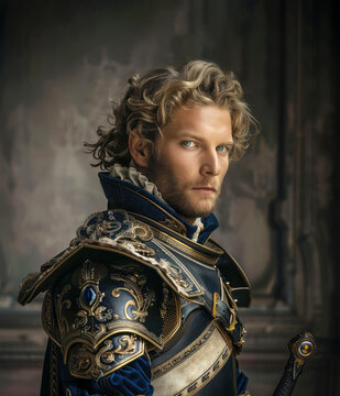 Portrait of the blonde medieval prince, knight. Historical character. Generative AI