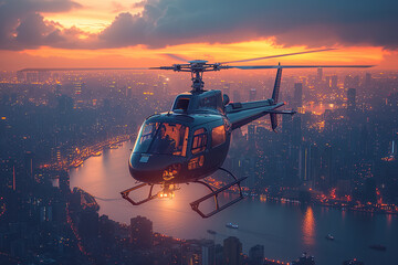 Helicopter Flight Over City at Sunset - obrazy, fototapety, plakaty