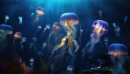 Illustrative background featuring a jellyfish swimming in the ocean, with light filtering through the water to create volumetric rays. Captures the beauty and danger of the jellyfish. AI Integration. - obrazy, fototapety, plakaty