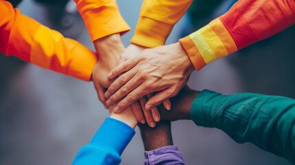 A photo of diverse hands stacked together, symbolizing unity and support in the human rights movement