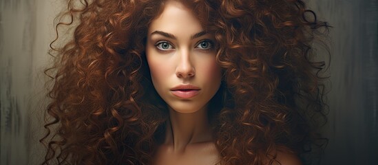 A woman is seen with fiery red curly hair and captivating blue eyes, showcasing her unique features.