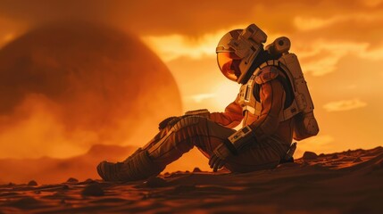 Astronaut in spacesuit sits on red planet. Spaceman in deep space. AI Generated  - obrazy, fototapety, plakaty