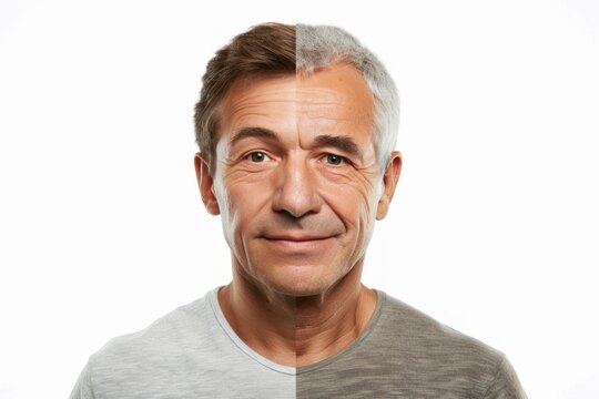 man with young and old half of face Isolated on white background