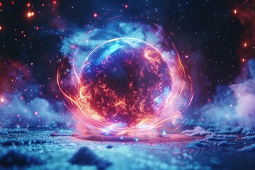 Abstract neon energy sphere of particles and waves of magical glowing on a dark background, circle and loop frames - obrazy, fototapety, plakaty