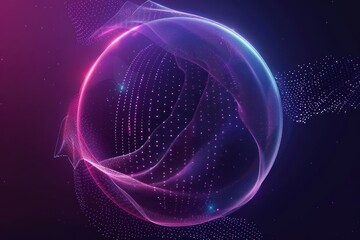 Abstract neon energy sphere of particles and waves of magical glowing on a dark background, circle and loop frames