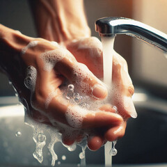 Handwashing Hygiene: Soapy Hands Under Flowing Water