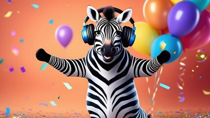 Portrait of a zebra in headphones dancing against the background of balloons and confetti, a zebra in headphones listens to music and dances, holiday, birthday concept