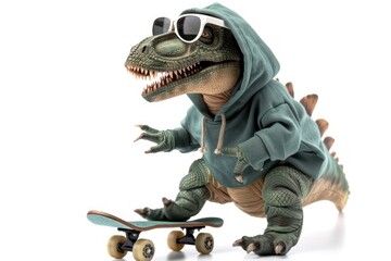 dinosaur dressed in a sweatshirt and sunglasses with skate, isolated on white background