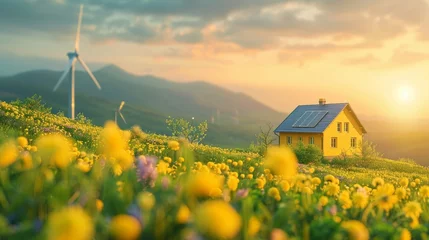 Fotobehang A sustainable home equipped with solar panels sits amidst blooming wildflowers, with wind turbines in the background at sunset. © Rattanathip