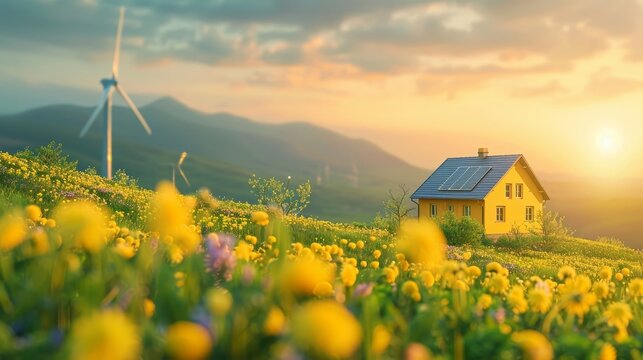 A sustainable home equipped with solar panels sits amidst blooming wildflowers, with wind turbines in the background at sunset.