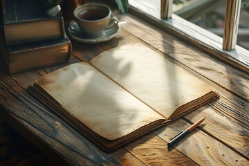 Sketchbook with fresh ideas on a wooden table, morning light, top view, cozy atmosphere