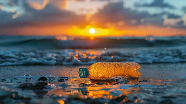 A single plastic bottle lies abandoned on the wet sand, illuminated by the warm glow of the setting sun, symbolizing the plight of ocean pollution.