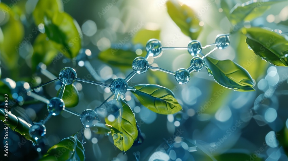 Poster digital illustration of a molecular structure interacting with dew-covered green leaves, representin