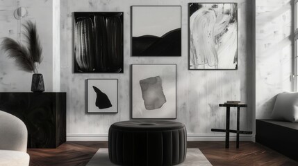 Minimalist Monochromatic Living Room with Velvet Ottoman and Gallery Wall, Top View