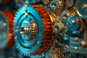 Mechanical gears in motion, concept of teamwork and precision engineering