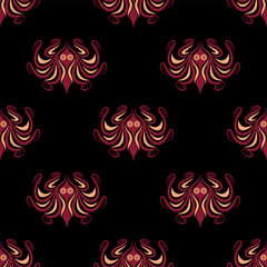 Seamless animal pattern with stylized octopuses with spiral tentacles. Ethnic ancient Greek. Cretan Minoan style. On black background.