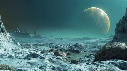 An expansive view of a frigid, alien moon's landscape under the light of a giant planet, highlighting the desolation and beauty of this celestial scene.