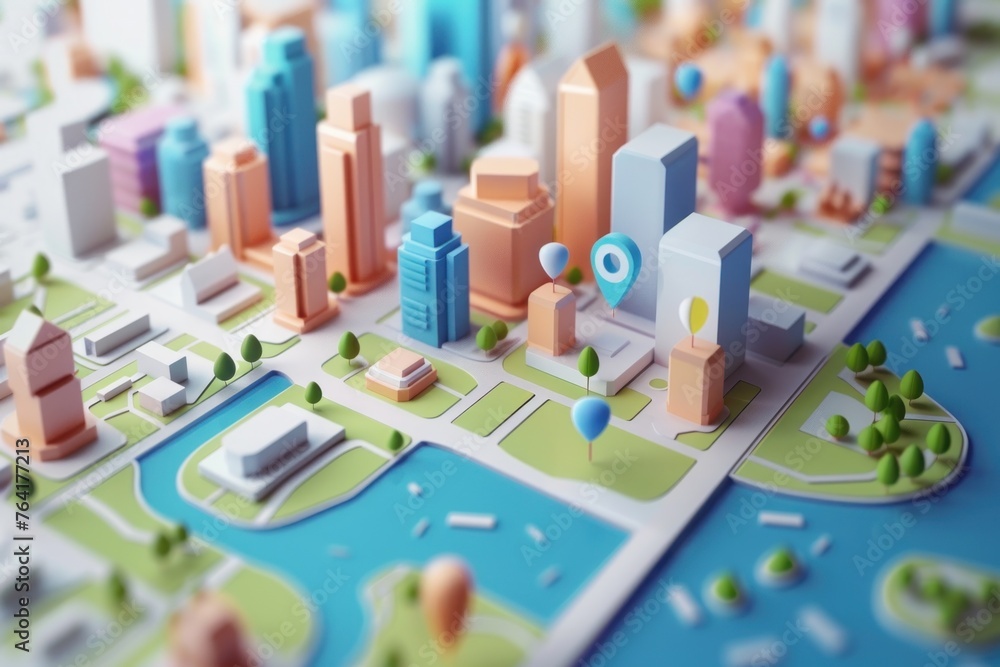 Poster 3d city map with 3d pointers location gps