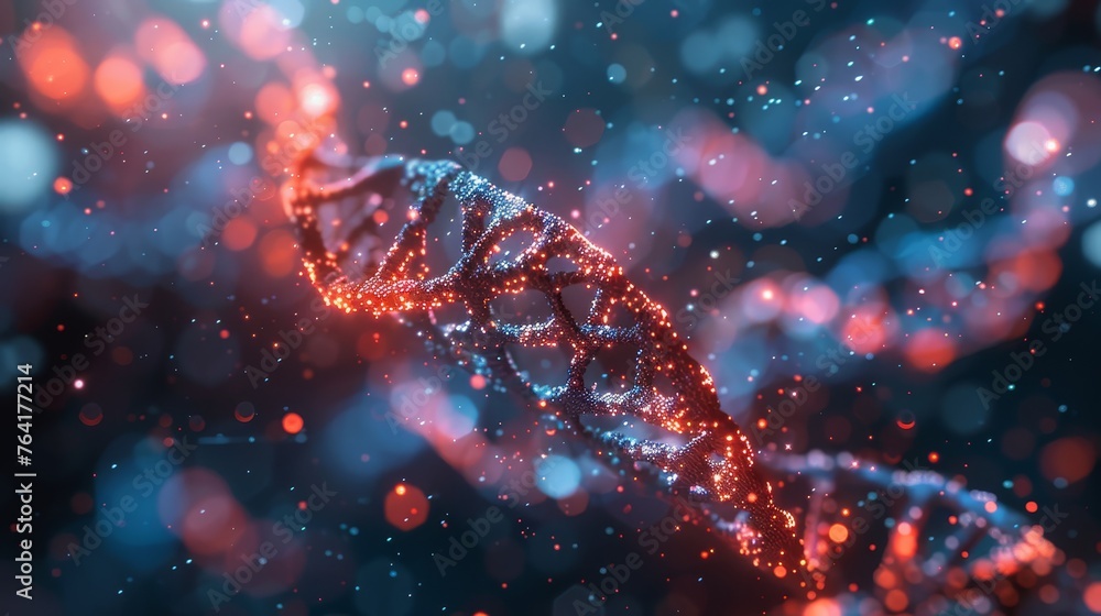 Poster a striking image of a dna double helix structure, composed of sparkling lights against a defocused b