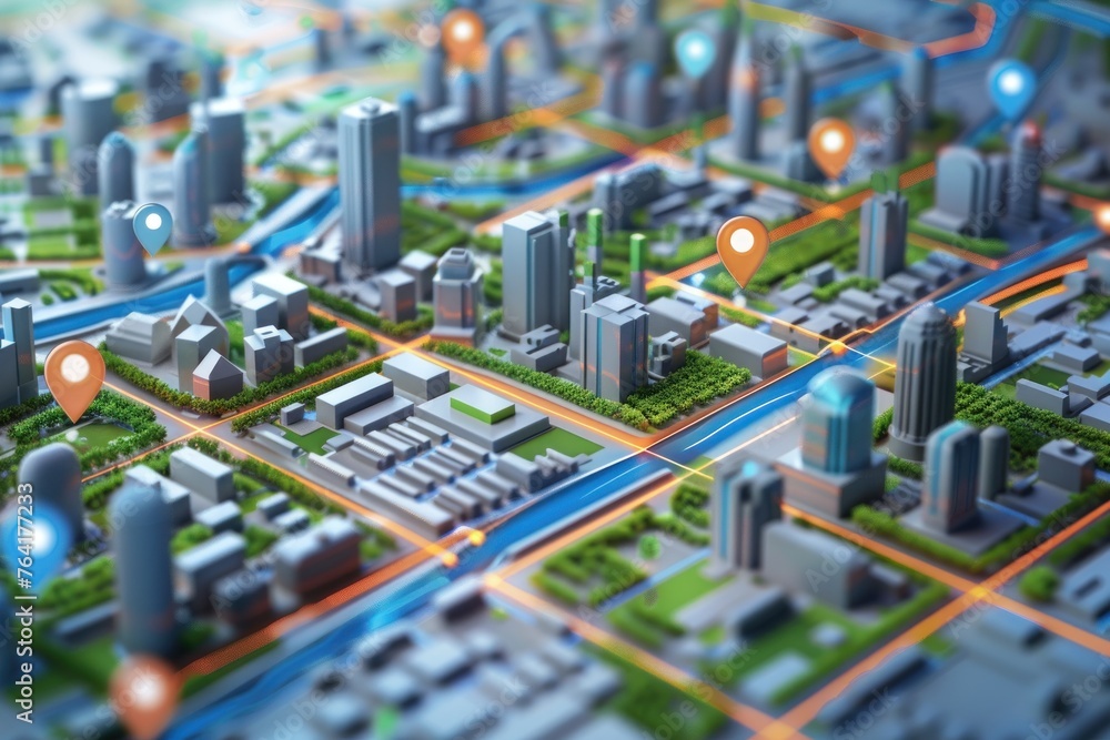 Poster 3d city map with 3d pointers location gps