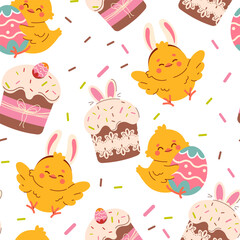 Cute Seamless easter pattern with chicken, eggs and Easter cake. Easter seamless pattern, Easter symbol, decorative vector elements. Easter colored simple pattern.